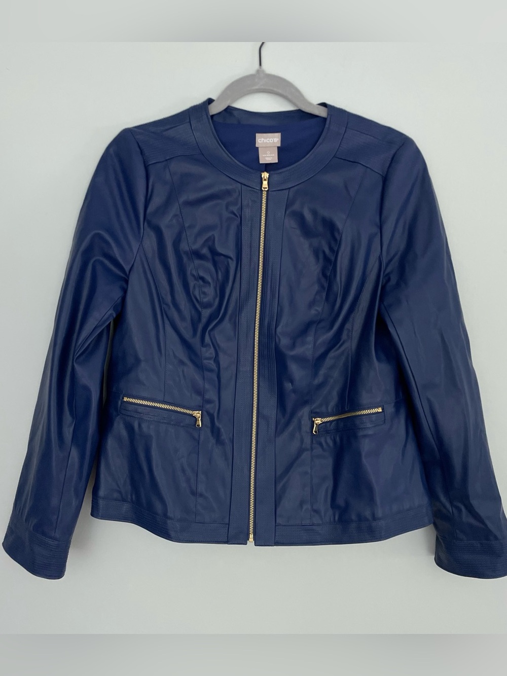 Chico's Navy Faux Leather Zip Jacket with Gold Hardware